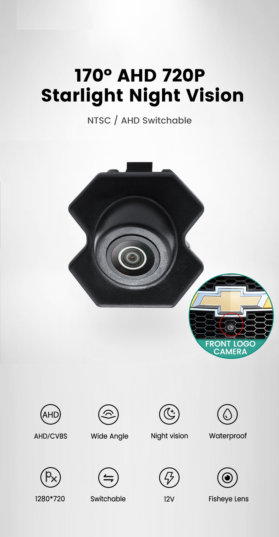 Câmera de visão frontal para carro com visão noturna HD 170 ° para Chevrolet Cruze Logo Mark Lente olho de peixe AHD 720P Câmera 14 1 6