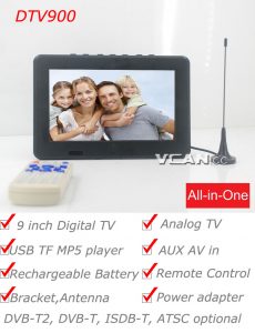 DTV900 9 inch Digital TV Analog TV USB TF MP5 player AV in Rechargeable Battery
