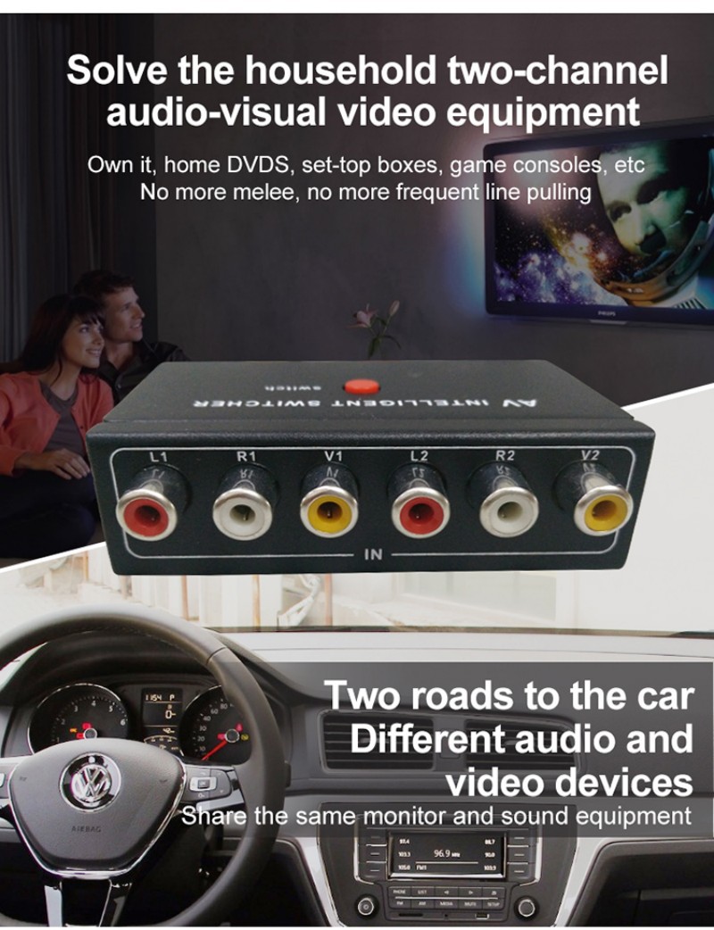 صندوق محول الصوت والفيديو للسيارة 2 في 1 مخرج 3 Car audio and video AV converter box 2-in-1-out converter