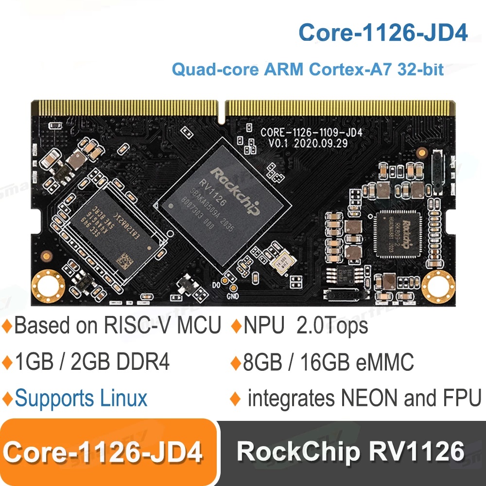 Core-1126-JD4 NPU 2.0Tops Rockchip RV1126 يدمج NEON وFPU RISC-V MCU 1GB / 2يدعم GB DDR4 نظام التشغيل Buildroot QT 3 Core-1126-JD4 NPU 2.0Tops Rockchip RV1126 integrates NEON and FPU RISC-V MCU 1GB / 2GB DDR4 supports Buildroot QT OS